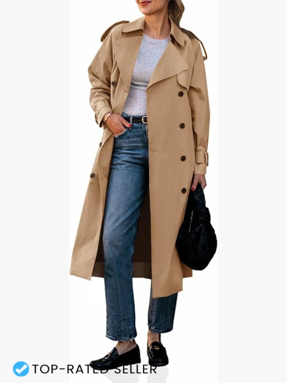Long Trench Coat Double Breasted Classic Lapel Belted Fall Overcoat Chic